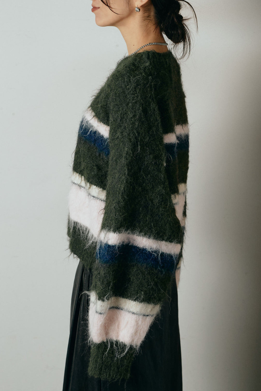 [SET]起毛配色マルチボーダーニットトップス+ポーチベルト付きコーデュロイワイドスカート(2set)