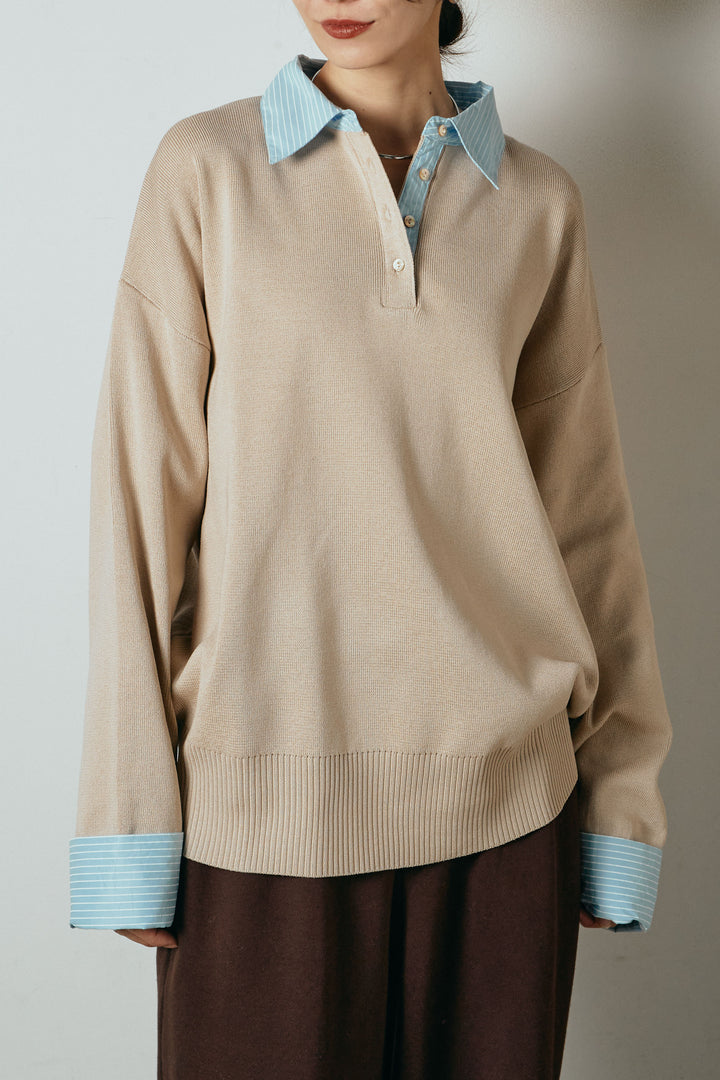 [SET]ストライプシャツドッキングポロトップス+裏起毛スウェットワイドパンツ(2set)