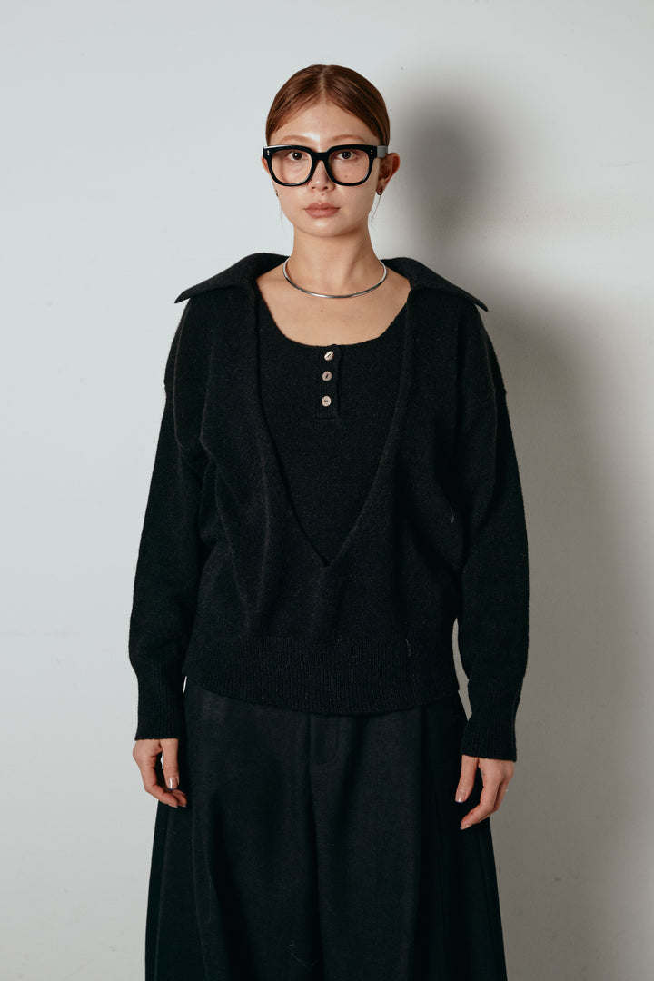 [SET]襟付きレイヤードニットトップス+ポーチベルト付きカーブパンツ(2set)