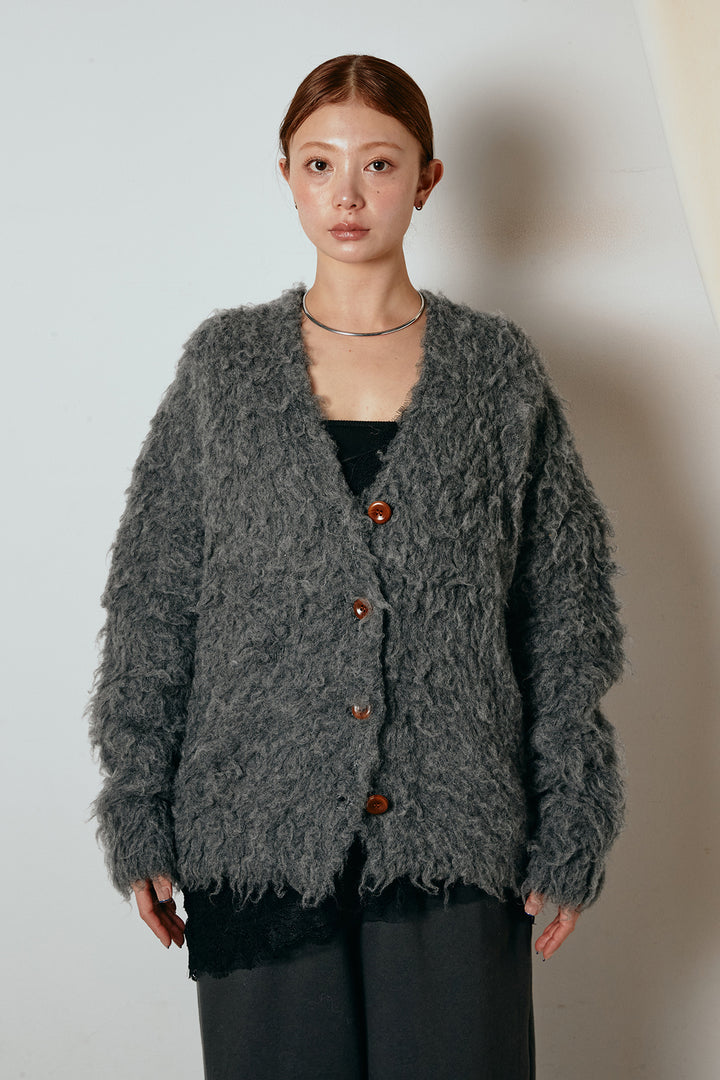 [SET]ルーズシャギーニットカーディガン+裏起毛スウェットワイドパンツ+レース切り替えキャミソール(3set)