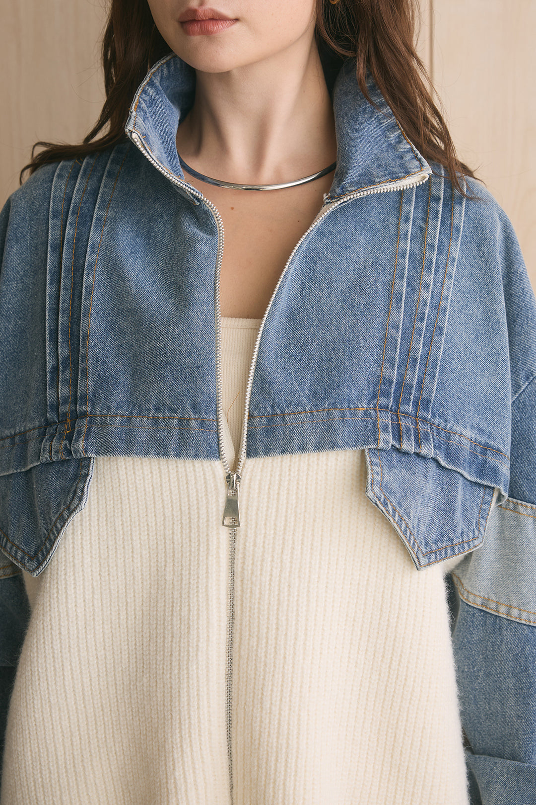 [SET]デニム×ニットジップブルゾン+デニムロングフレアスカート(2set)