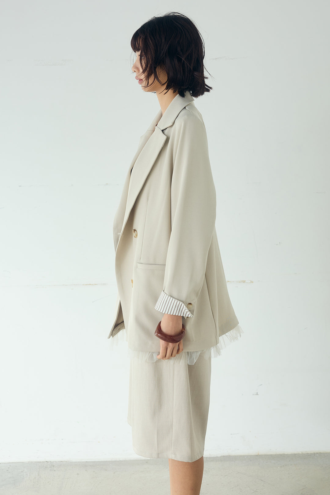 [SET]裾フリルダブルジャケット+デニムサロペットワイドパンツ(2set)