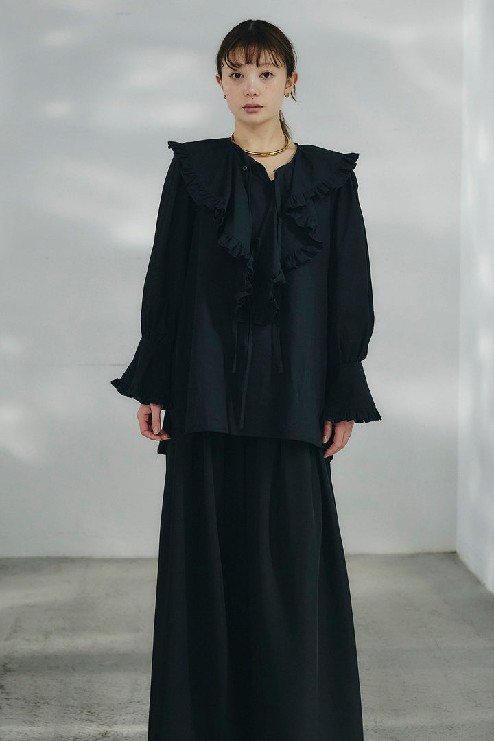 [SET]コットンフリルブラウス+デニムサロペットワイドパンツ(2set)