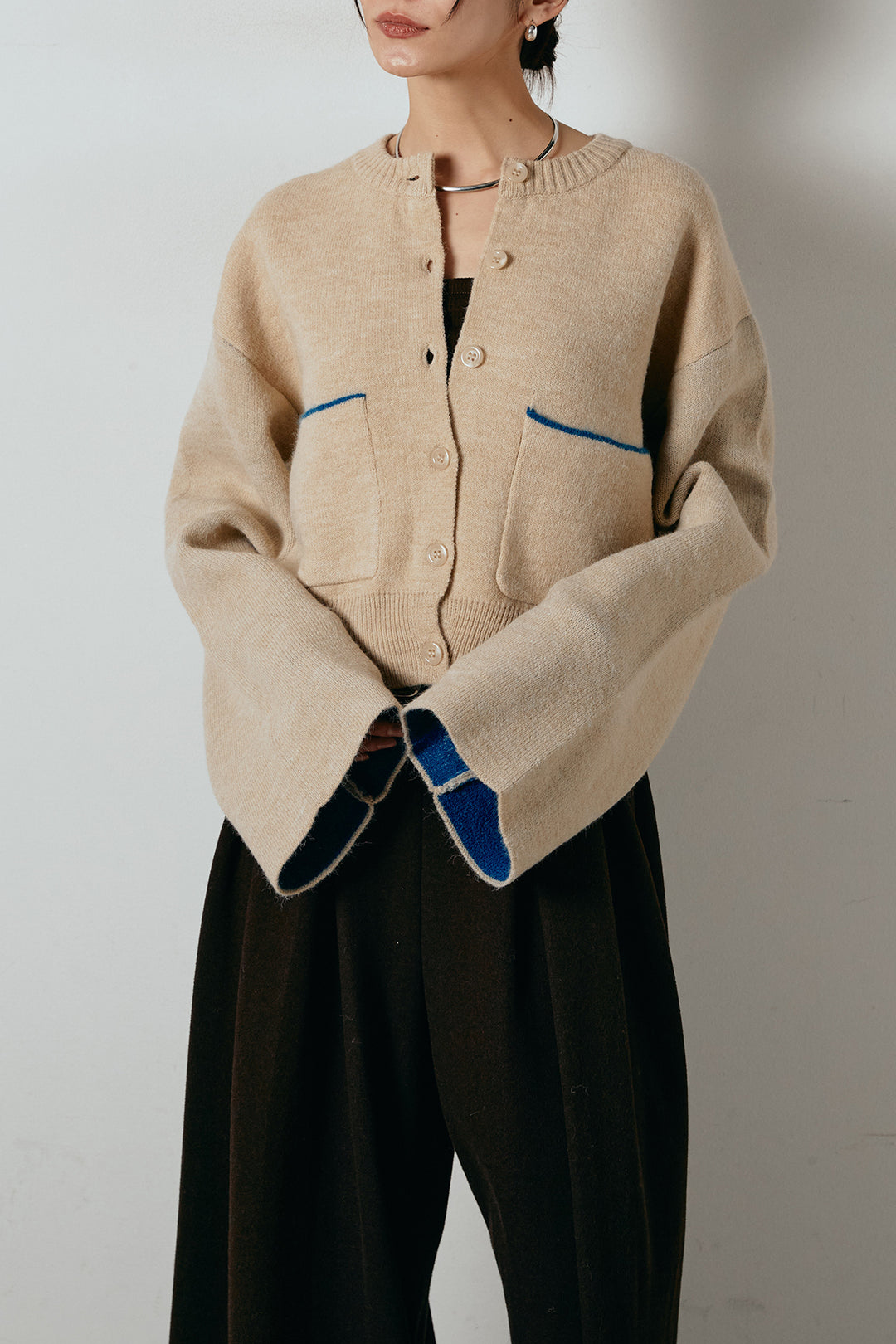 [SET]アルパカタッチダブルフェイスカーディガン+ウールライクチェックタックパンツ(2set)