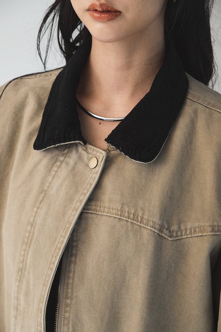 [SET]襟コーデュロイデザインデニム調カバーオール+レオパードサテンナロースカート(2set)