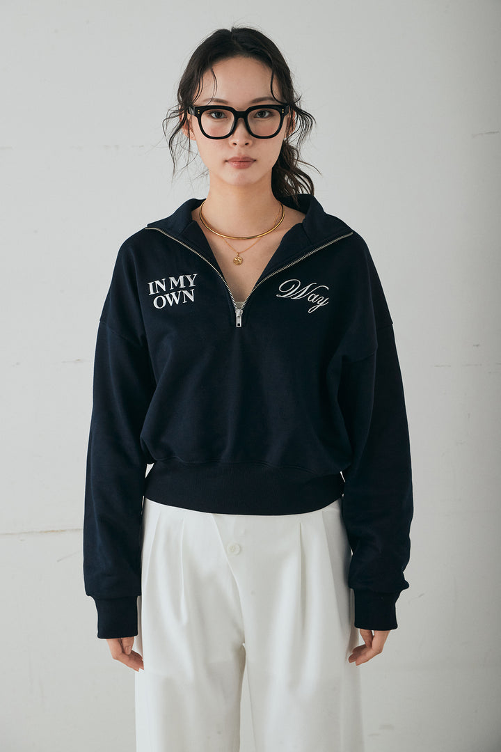 [SET]裏毛ロゴ刺繍ハーフZIPスウェット+刺繍レースデザインサテンスカート(2set)