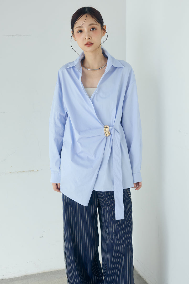 [SET]サイド留め具デザインシャツ+デニムレース付きワイドパンツ(2set)