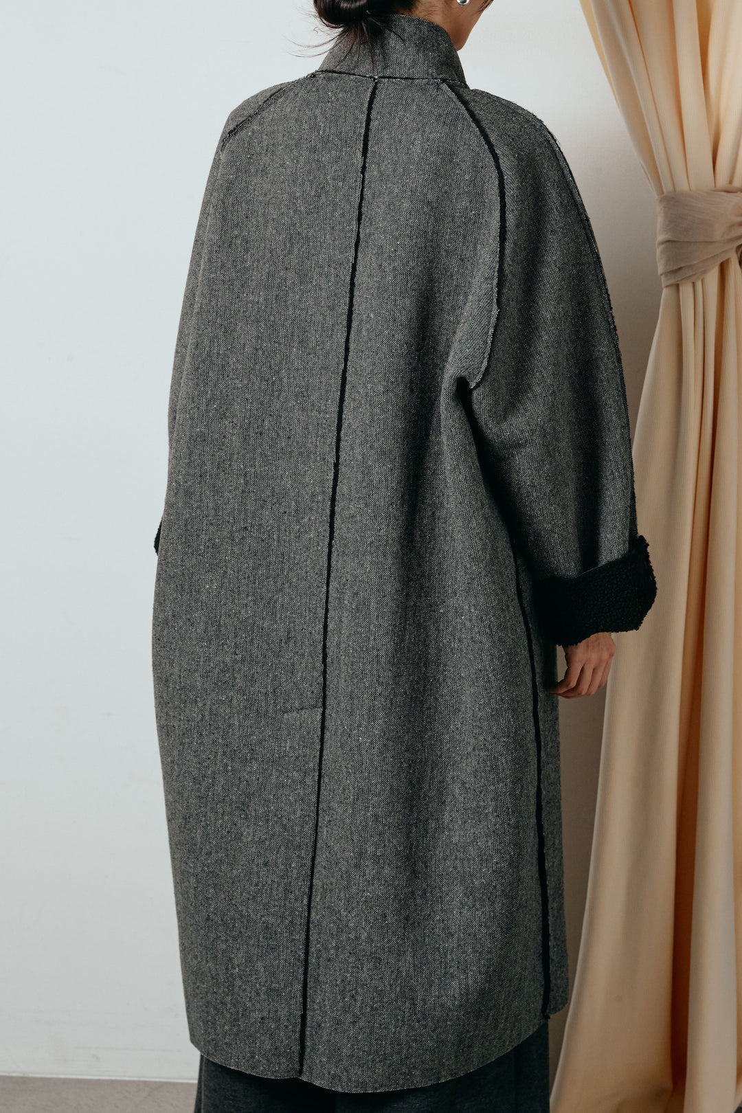 [SET]裏地ボアハイネックロングアウター+フェイクレザー太ベルト付きタックワイドパンツ(2set)