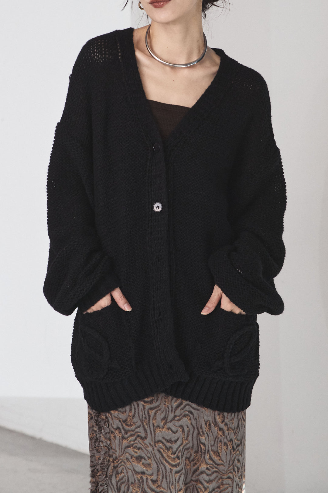 [SET]コード刺繍リラックスニットカーディガン+フラワー刺繍ワイドスカート(2set)