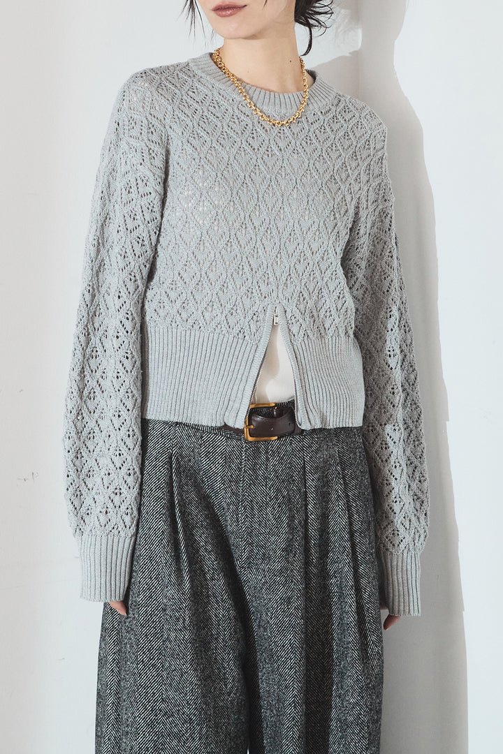 透かし編みニットジップスリットプルオーバー