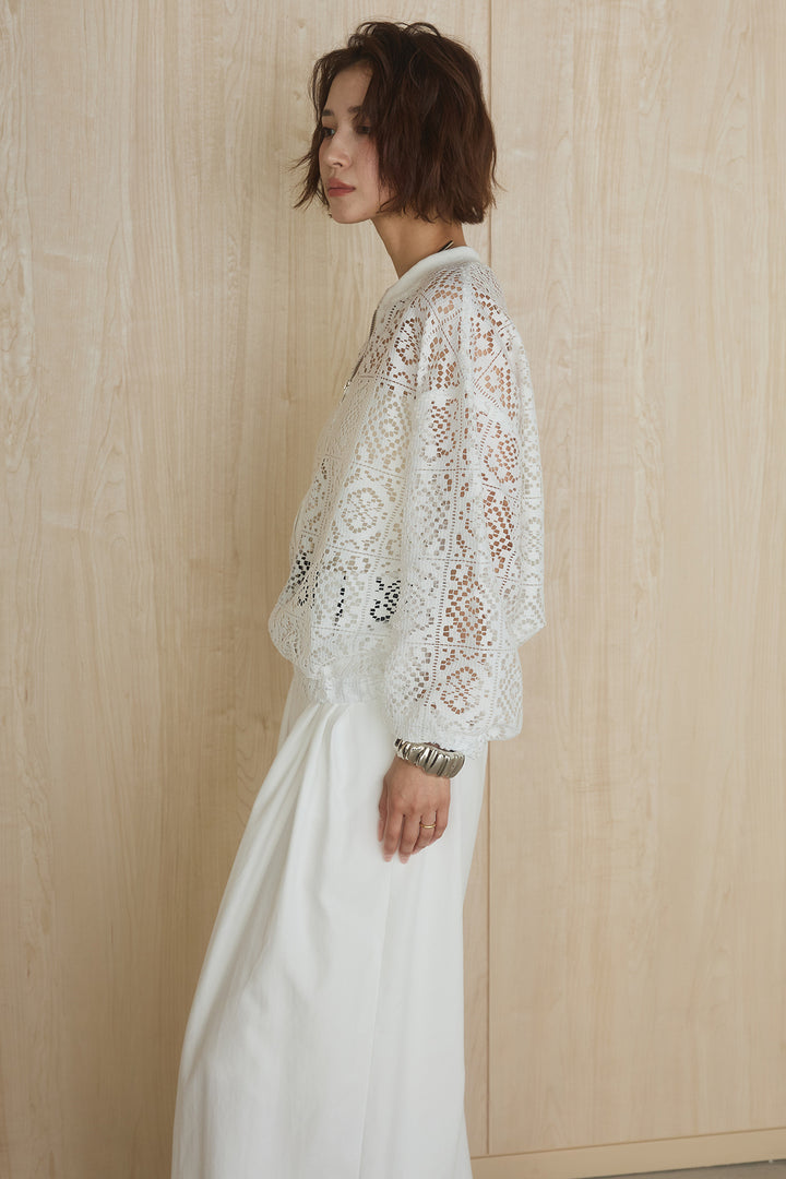 [SET]幾何レースブルゾン+ベルト付きビックループワイドパンツ(2set)