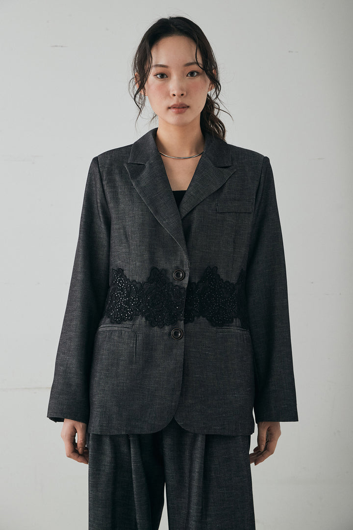 [SET]リネンタッチレースデザインジャケット+裾レースデザインデニムスカート(2set)