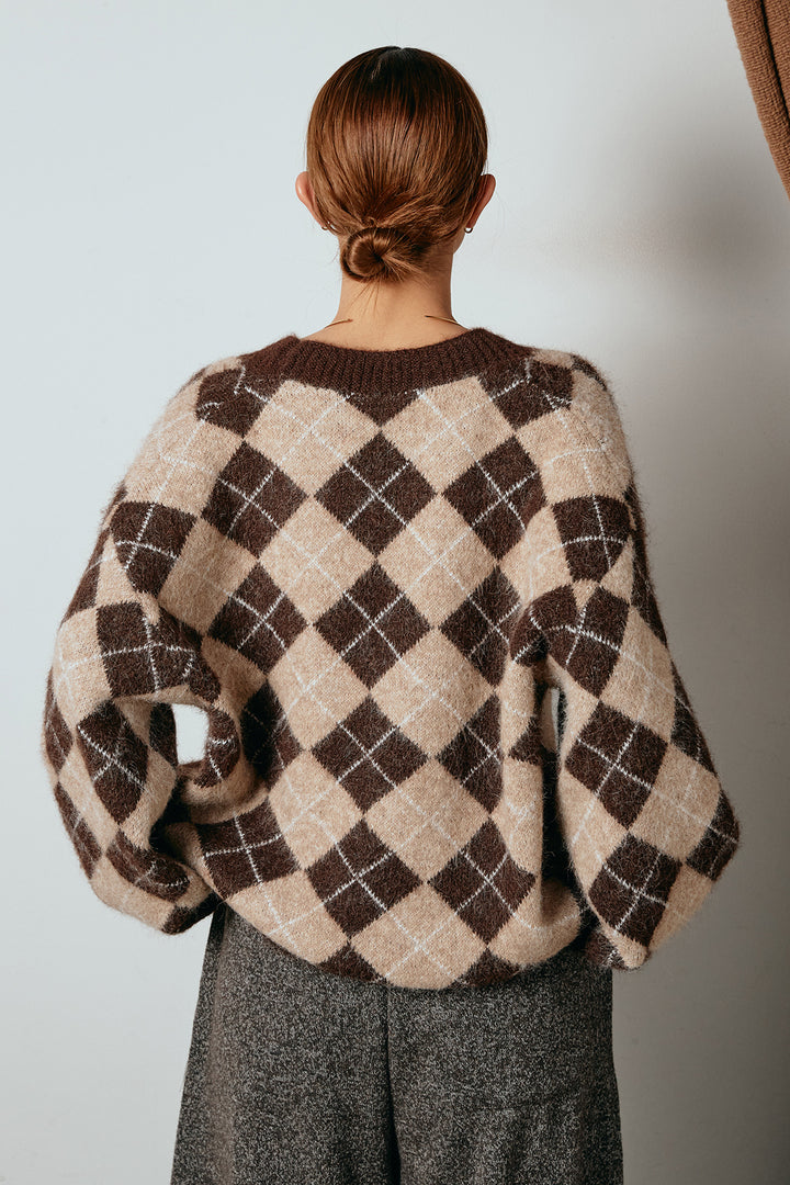 [SET]オーバーサイズ総柄Vネックニットカーディガン+ベルト付きウエストデザインパンツ(2set)