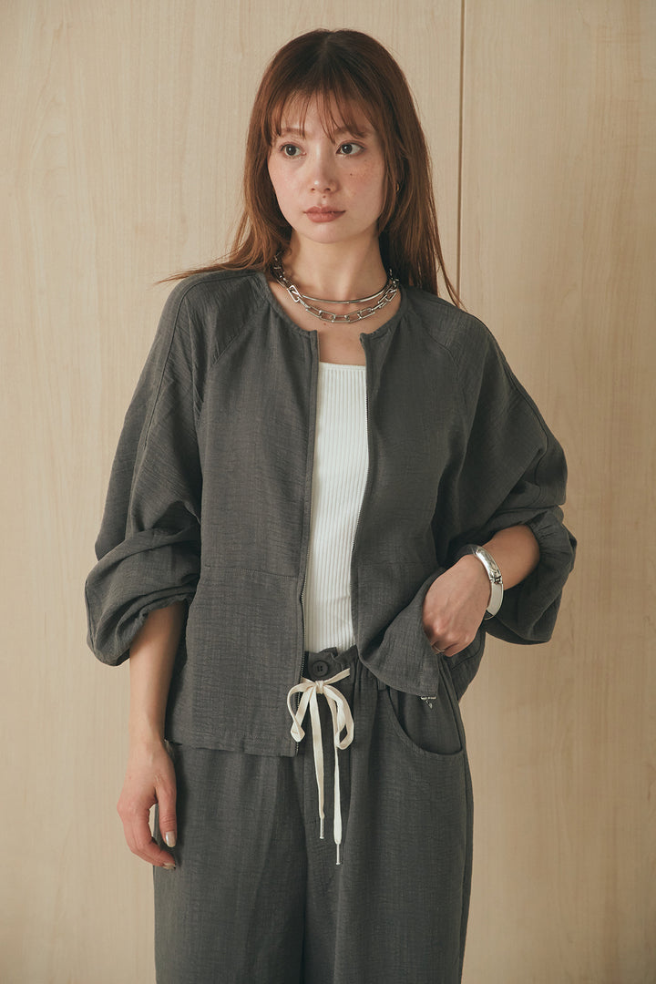 [SET]麻混ノーカラーブルゾン+麻混ウエストドロストパンツ(2set)