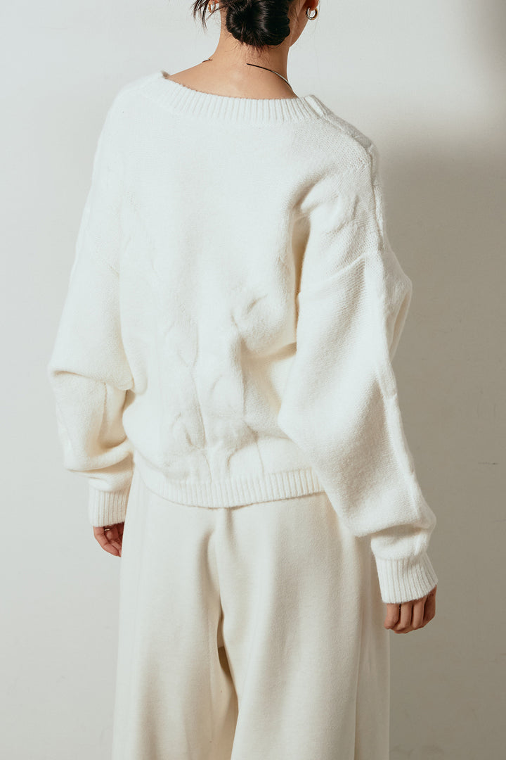 [SET]ケーブルカシュクールニットトップス+フェイクレザー太ベルト付きタックワイドパンツ(2set)