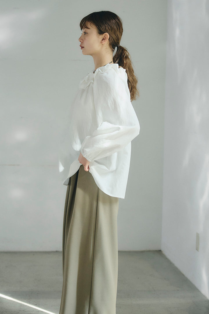 [SET]ネックフリルデザインブラウス+ウエスト裁ち切りデニムワイドパンツ(2set)