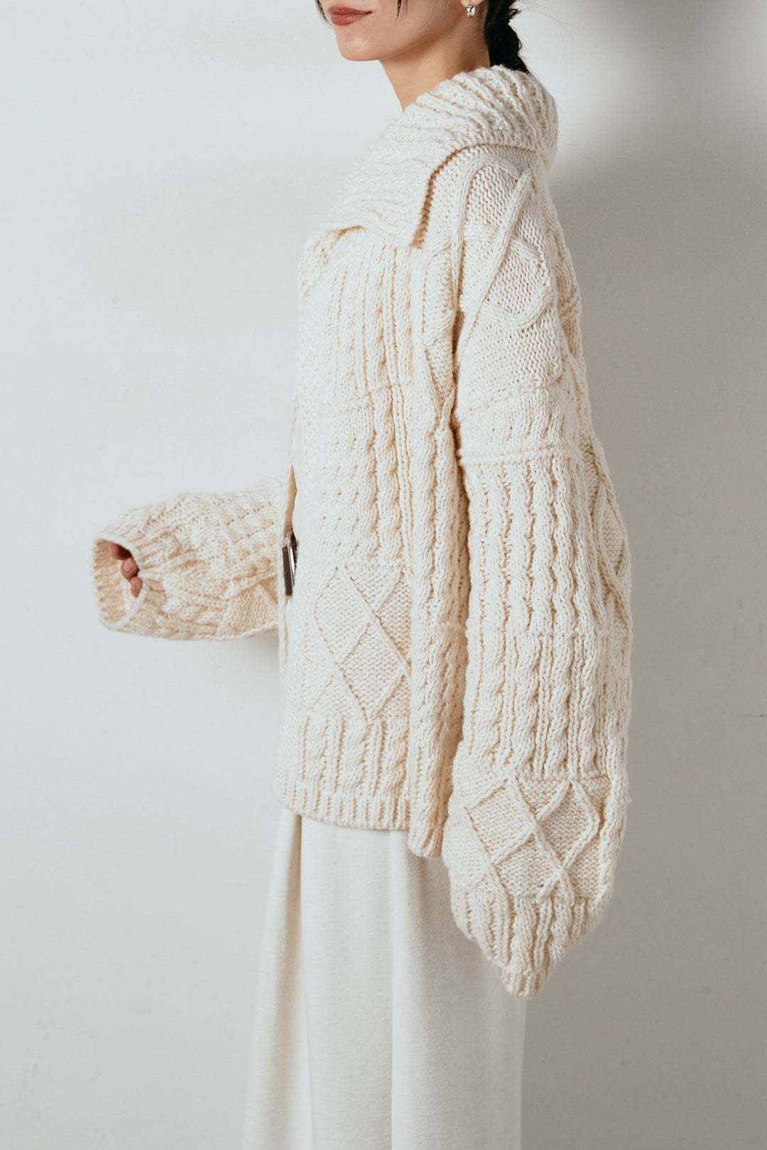 [SET]ビッグカラーケーブル編みニットトップス+裏起毛スウェットワイドパンツ(2set)