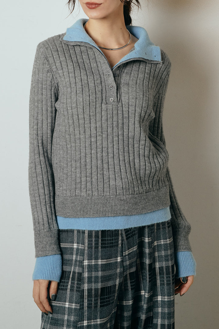 [SET]レイヤード風リブニットトップス+ベルト付きタータンチェックカーブワイドパンツ(2set)