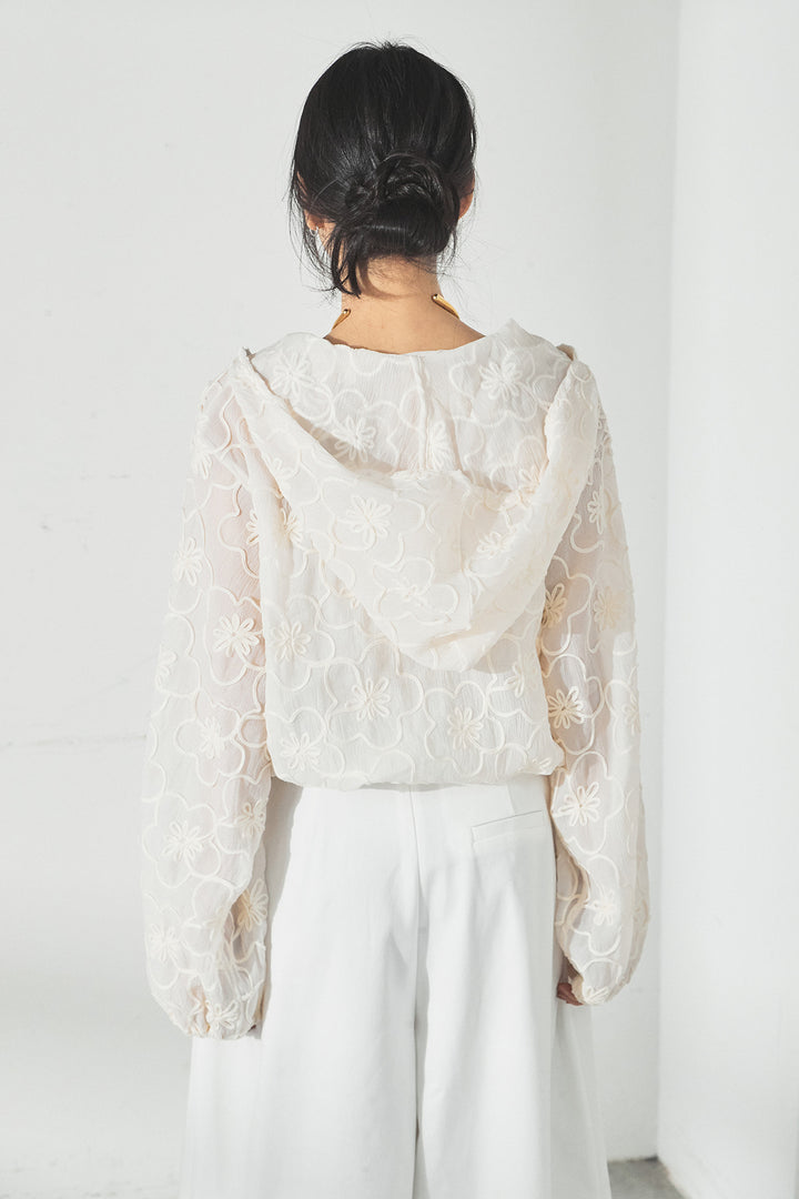 [SET]シアーフラワーフードブルゾン+編みベルト付きウエストタックワイドパンツ(2set)