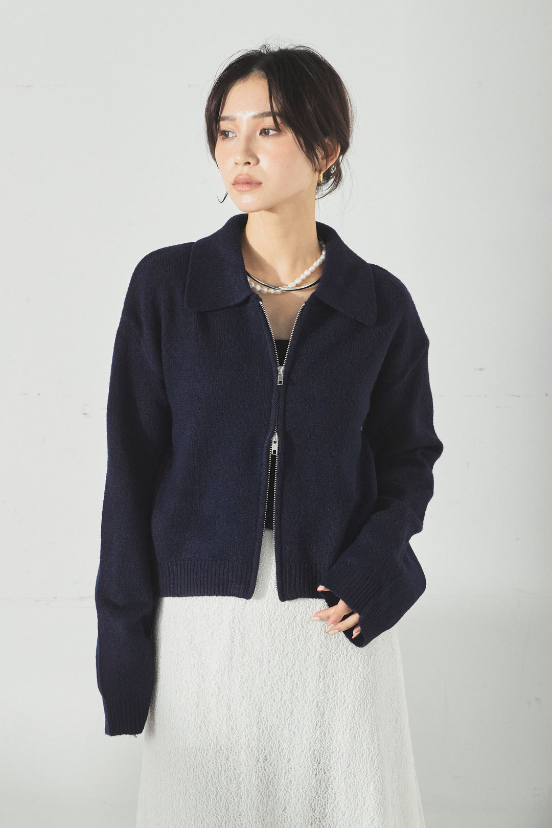 衿付きWジップニットカーディガン/ネイビー