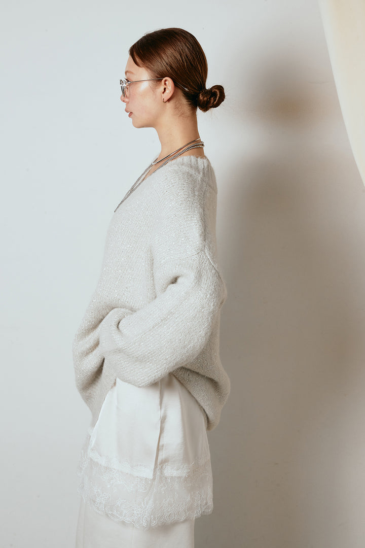 [SET]Vネックルーズラメニットトップス+裏起毛スウェットワイドパンツ+レース切り替えキャミソール(3set)