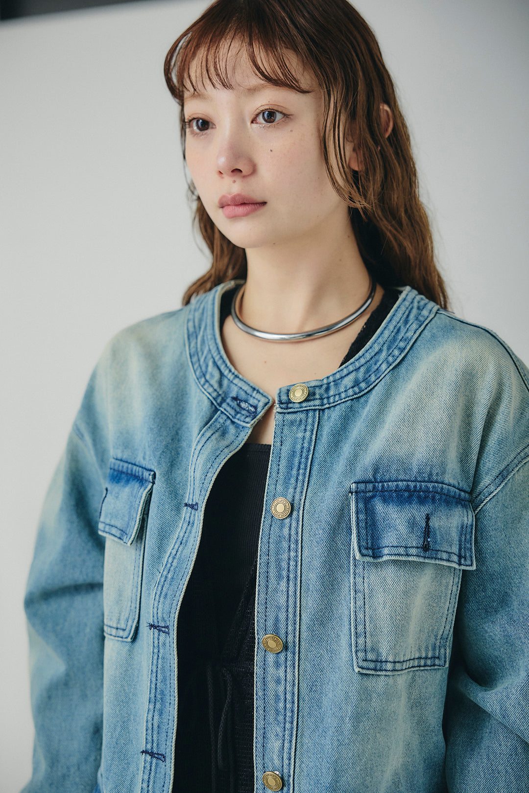 [SET]ノーカラーデニムポケットジャケット+レースサロペット(2set)