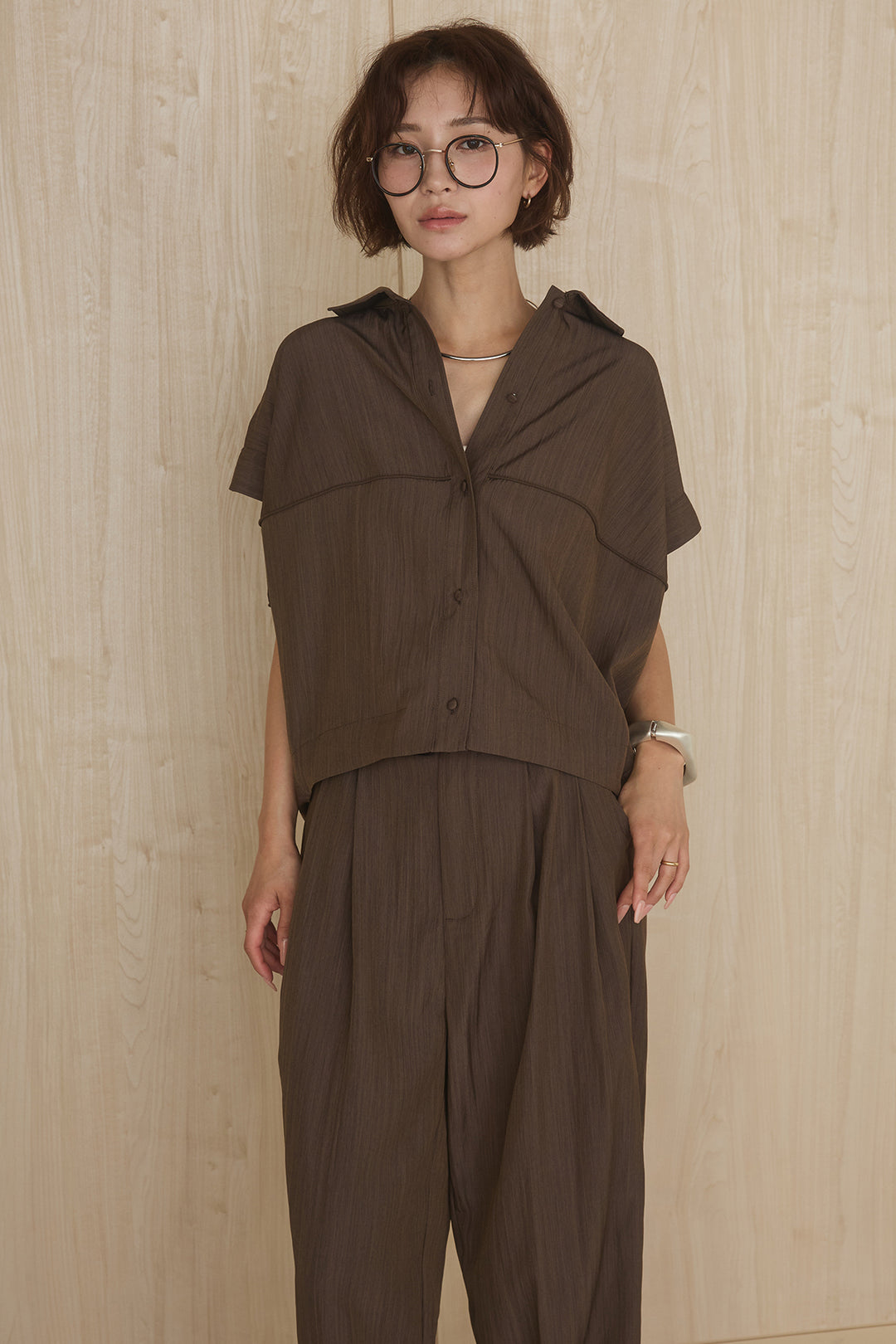 [SET]リネンライクランタンノースリシャツ+リネンライク2タックワイドパンツ(2set)