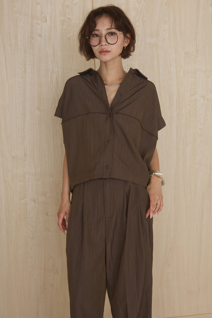 [SET]リネンライクランタンノースリシャツ+リネンライク2タックワイドパンツ(2set)