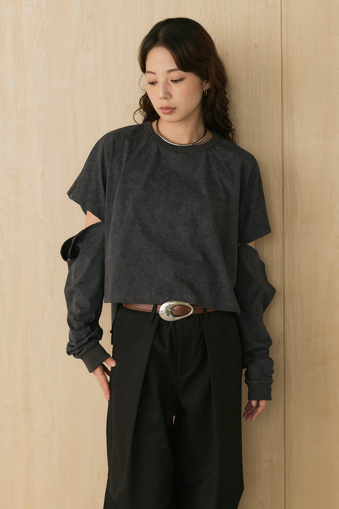 [SET]セパレートフェードTシャツ+ニーサイドタックウエストドロストパンツ(2set)