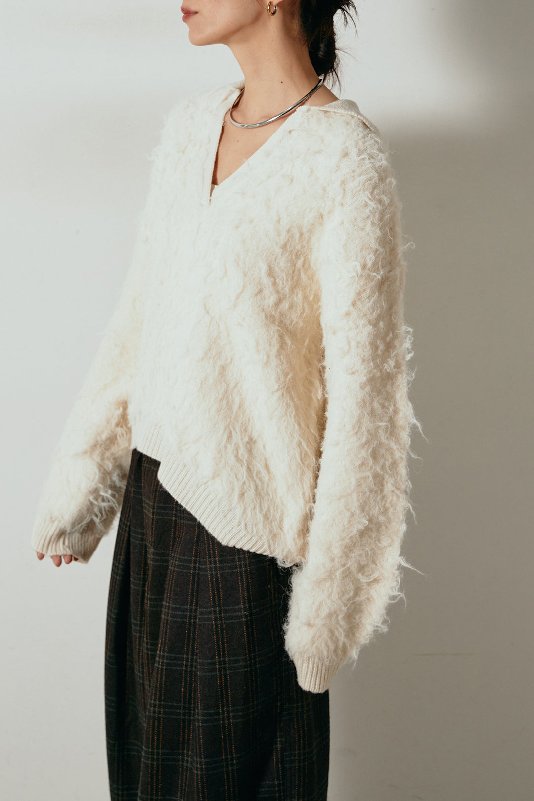 [SET]襟付きシャギーニットポロトップス+タータンチェック柄タックパンツ(2set)