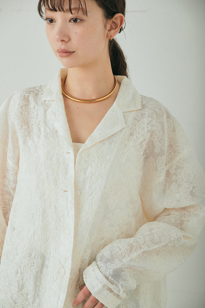 [SET]刺繍シアーオープンカラーシャツ+リネン混かすれ柄ワイドパンツ(2set)