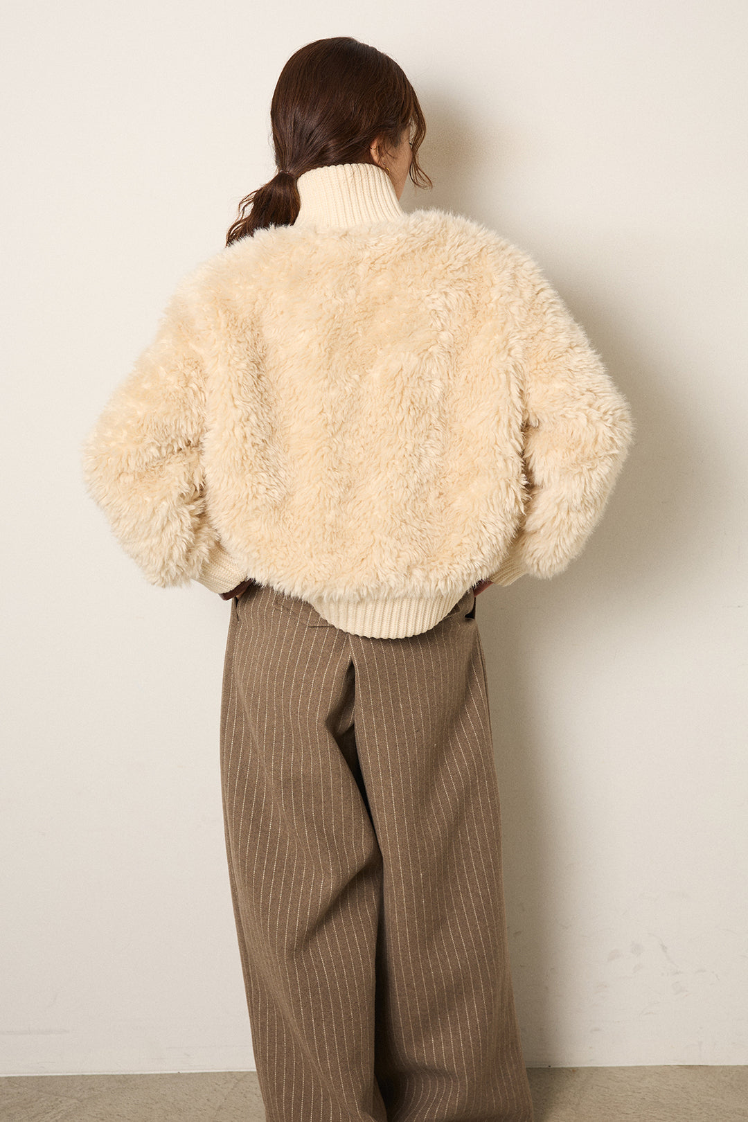 [SET]ハイネックボアブルゾン+フェイクレザー太ベルト付きタックワイドパンツ(2set)