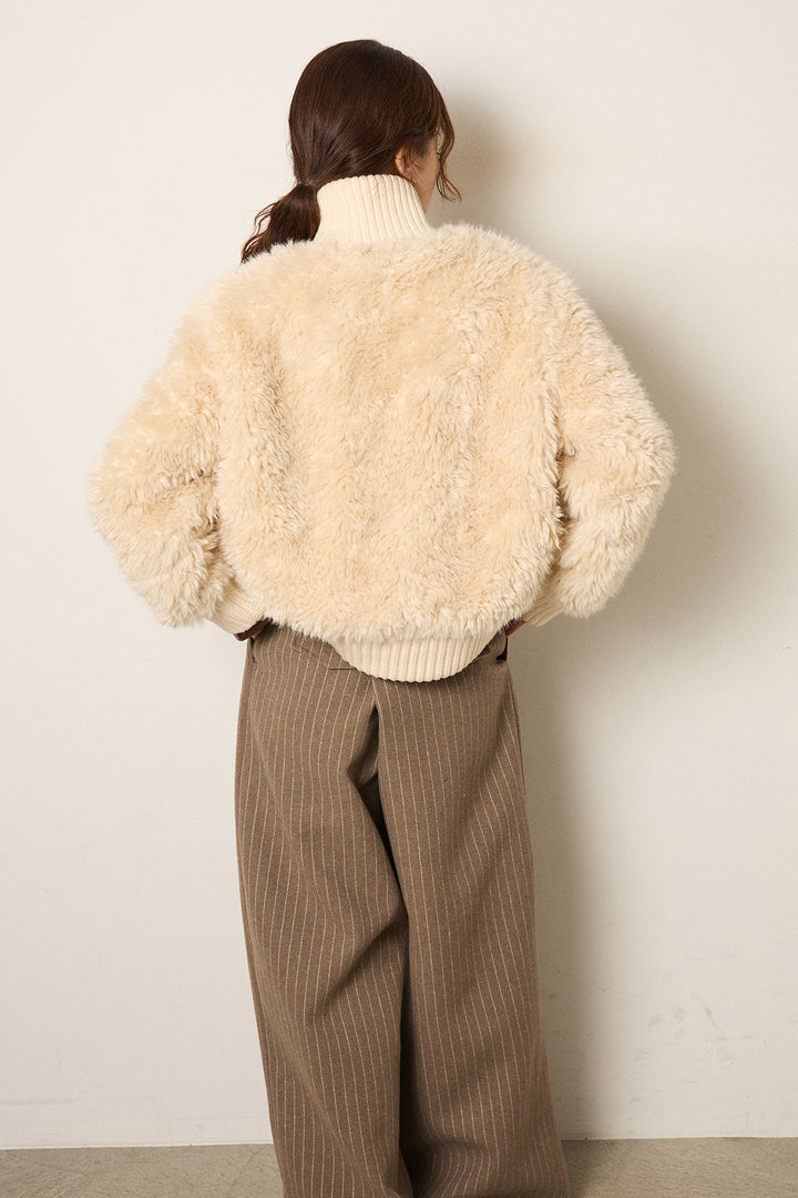 [SET]ハイネックボアブルゾン+フェイクレザー太ベルト付きタックワイドパンツ(2set)