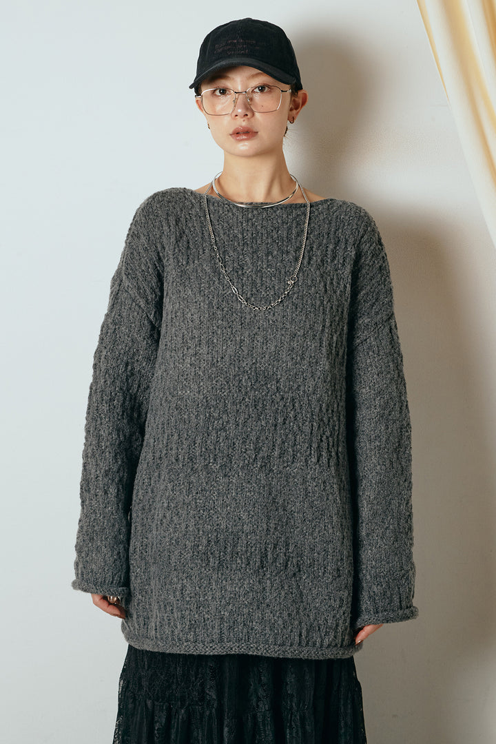 [SET]ボリューム編みニットプルオーバー+編みベルト付きピンストライプワイドパンツ(2set)