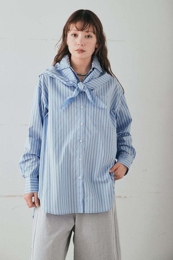 [SET]ランダムストライプスカーフ付きシャツ+デニムサイドフリルパンツ(2set)