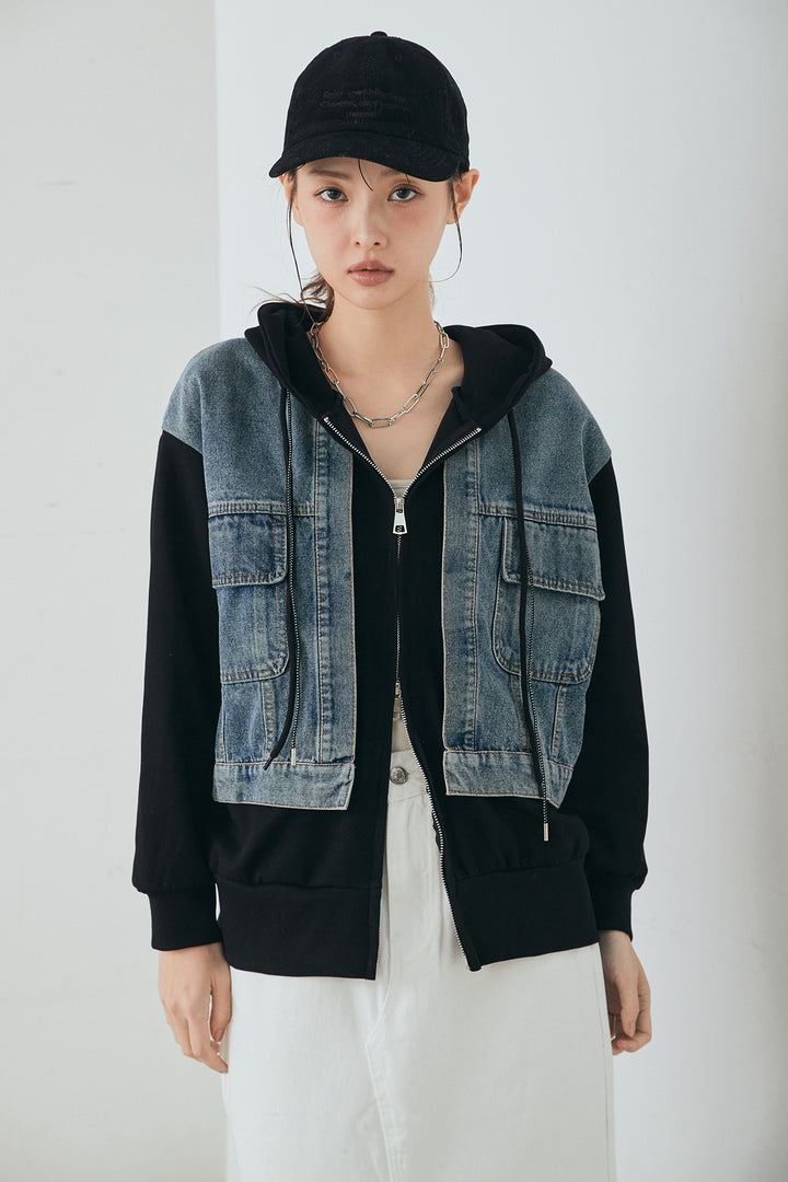 [SET]デニム切替ポンチダブルジップパーカー+ボリュームシルエットチュールスカート(2set)