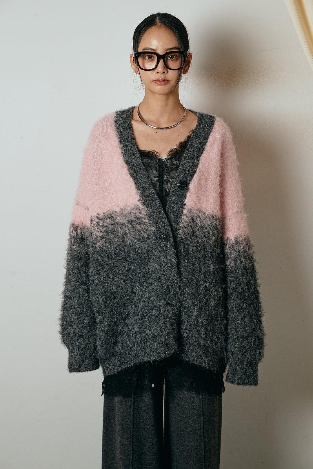 [SET]起毛グラデーションニットカーディガン+レース切り替えキャミソール+センターラインニットパンツ(3set)