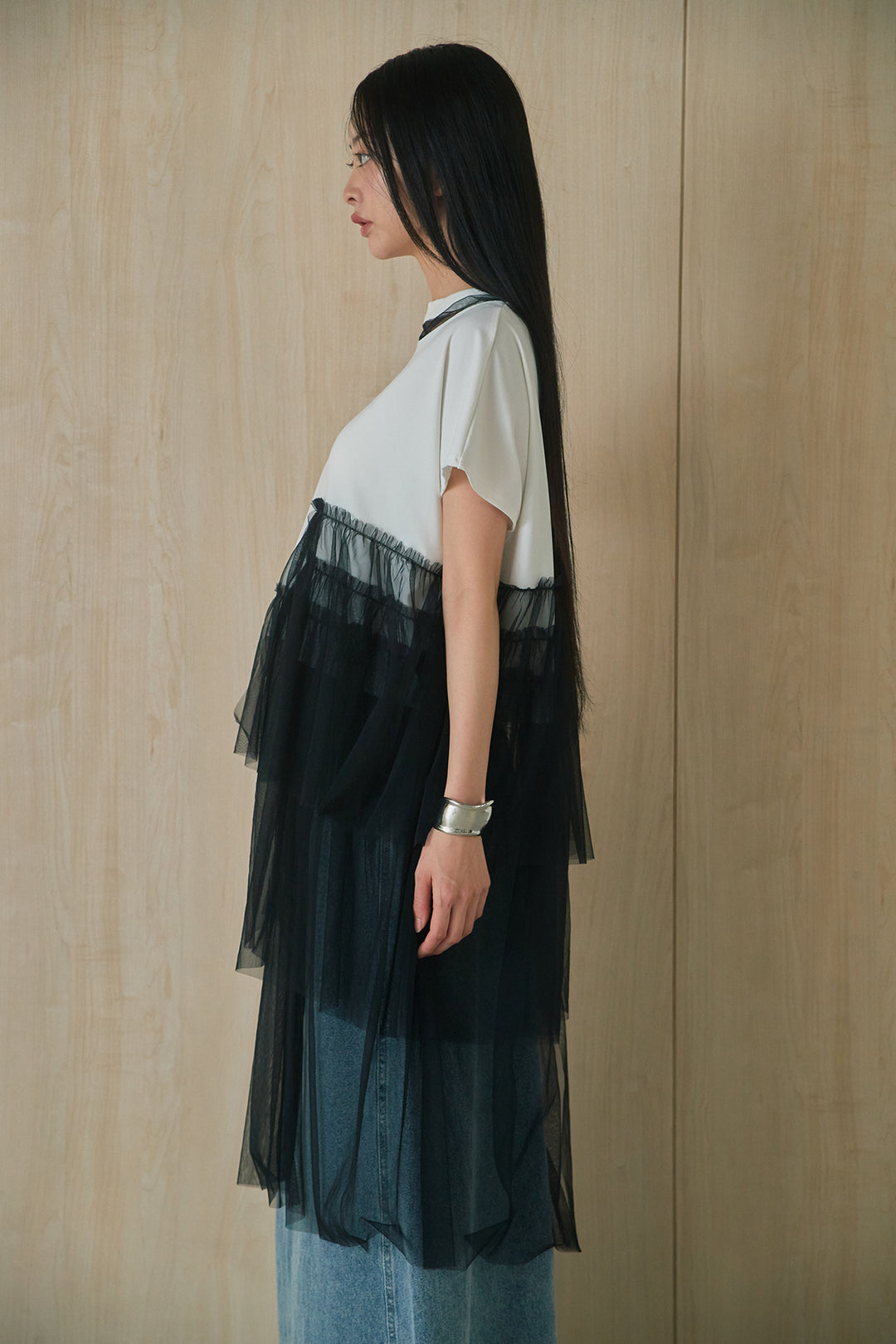 [SET]アシンメトリーチュールフリルTシャツ+デニムロングフレアスカート(2set)