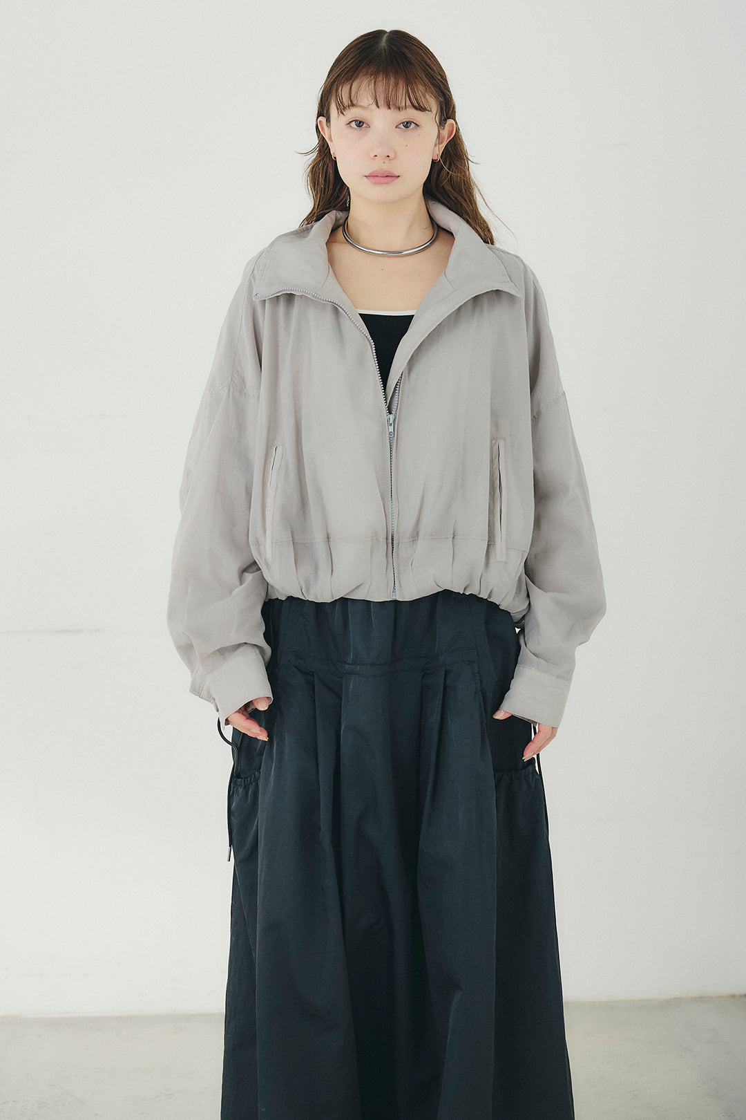 [SET]スタンドネックシアーブルゾン+ナイロンデザインフレアスカート(2set)