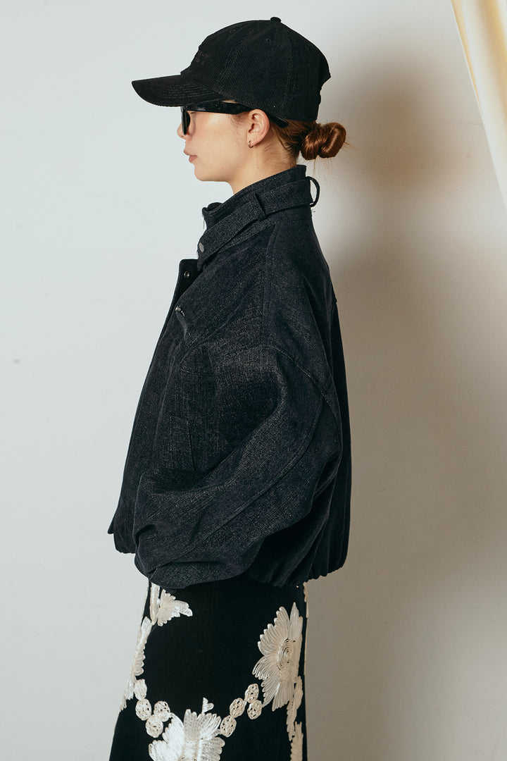 [SET]デニム調ハイネックブルゾン+フラワー刺繍ワイドスカート(2set)