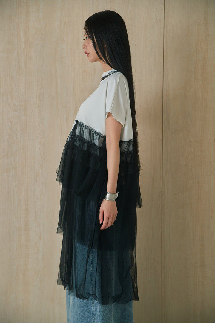 [SET]アシンメトリーチュールフリルTシャツ+ウエストデザインタックワイドパンツ(2set)
