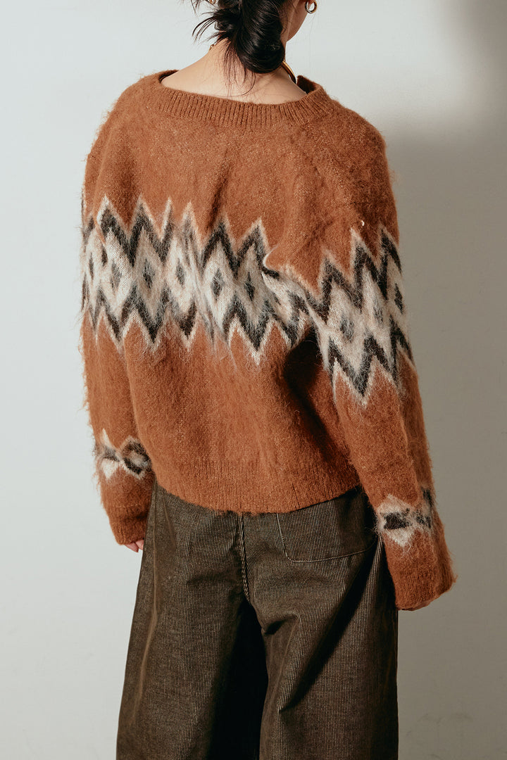 [SET]起毛ノルディック柄ニットカーディガン+太ベルト付きツイードワイドパンツ(2set)