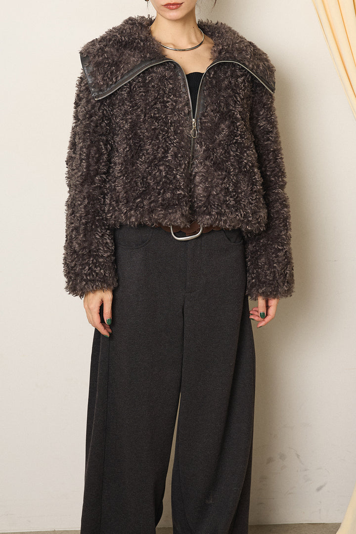 [SET]ビッグカラープードルボアアウター+編みベルト付きワイドパンツ(2set)