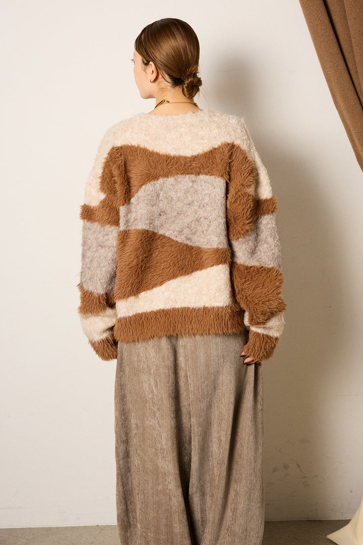 シャギーウェーブ柄クルーネックニットトップス