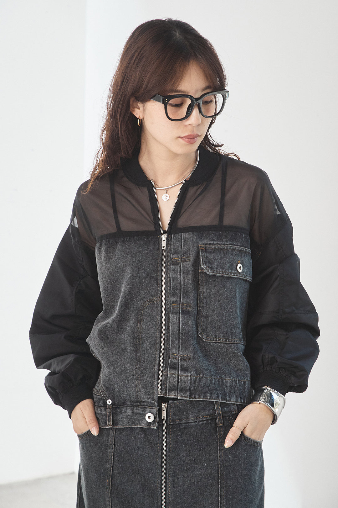[SET]デニムコンビネーションブルゾン+フロントジップデニムスカート(2set)