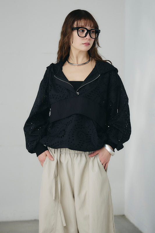 【着回しセット】[SET]ミックスメッシュキーネックプルオーバー+レースハーフジップアップフーディー +ベルト付きツータックワイドパンツ(3set)