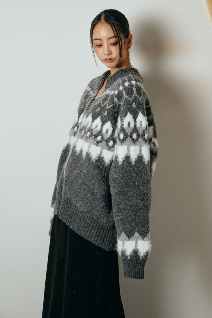 起毛ダブルジップパターンニットカーディガン