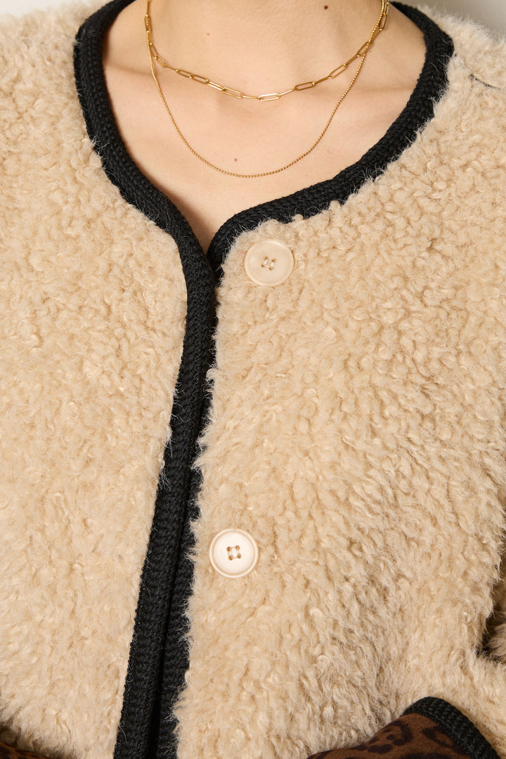 [SET]ノーカラー裏地レオパードボアアウター+レオパードジャガードニットパンツ(2set)