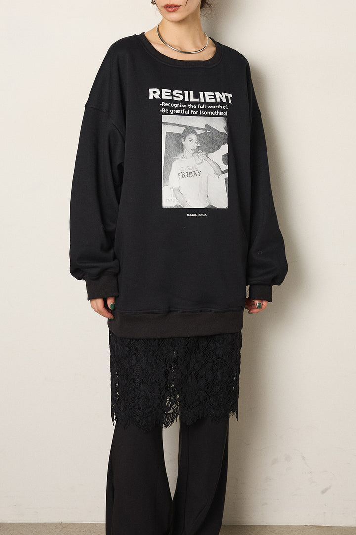 [SET]モノトーンプリントスウェット+レース刺繍レイヤードフレアパンツ(2set)