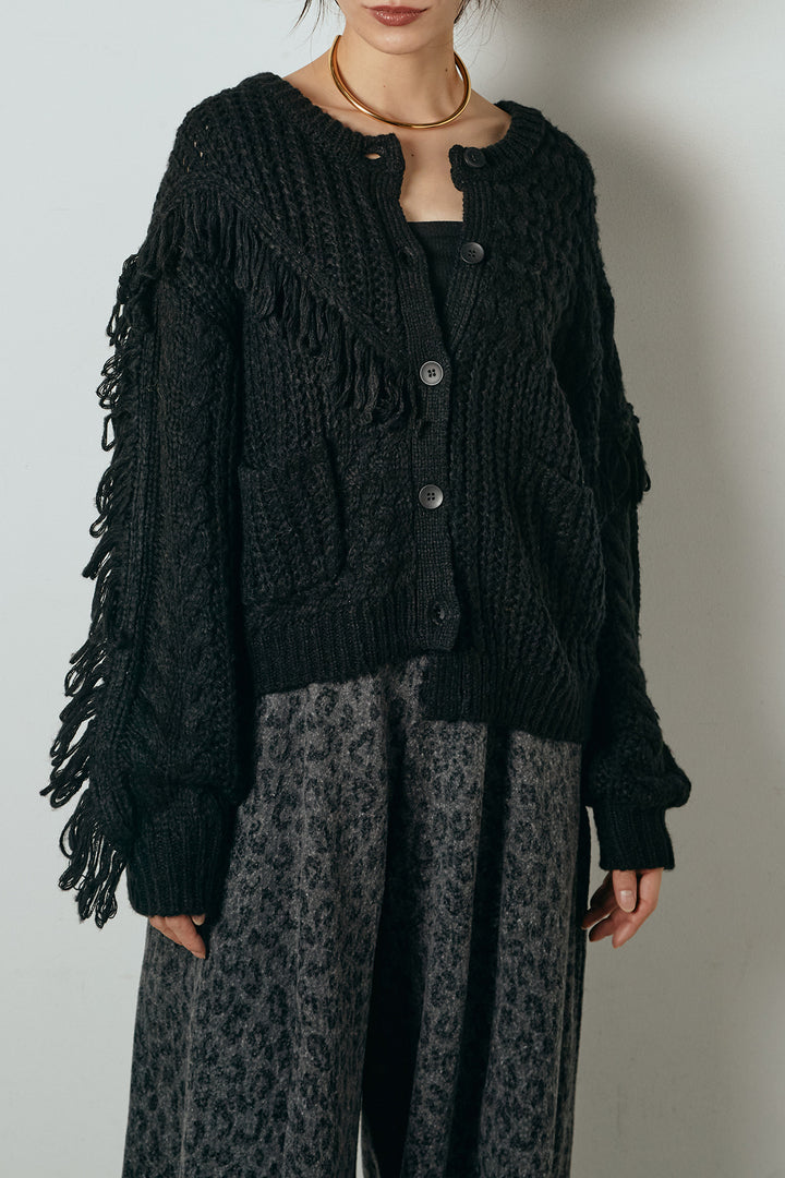 [SET]ランダムフリンジニットカーディガン+リラックスレオパード柄ワイドパンツ(2set)